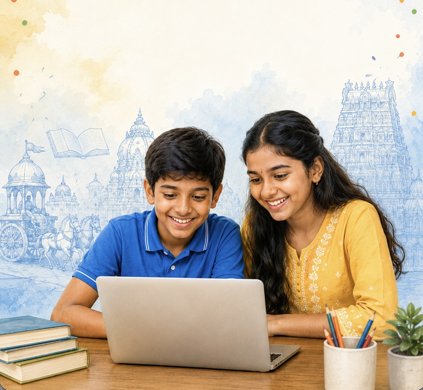 Two children taking an online quiz together at a laptop